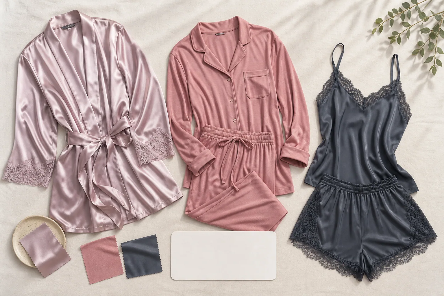 Three folded unbranded sleepwear styles with fabric swatches and a blank comparison card on an airy studio table.