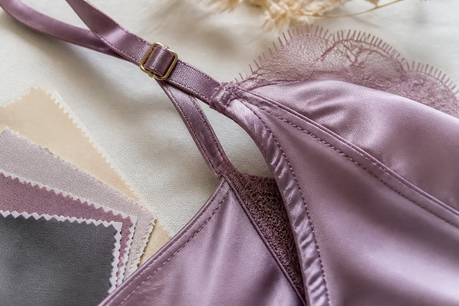Satin seam work, adjustable strap hardware, lace trim, and fabric swatches in a photorealistic studio close-up.