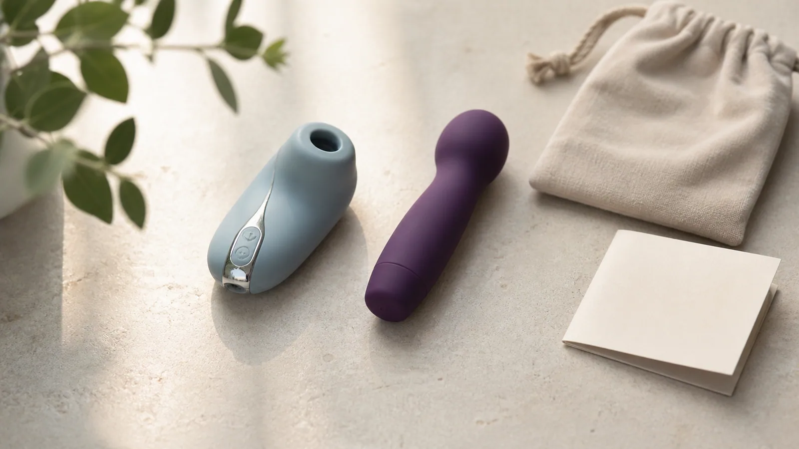 Two separate unbranded compact wellness devices, a pouch, and a plain care card on a light stone surface.
