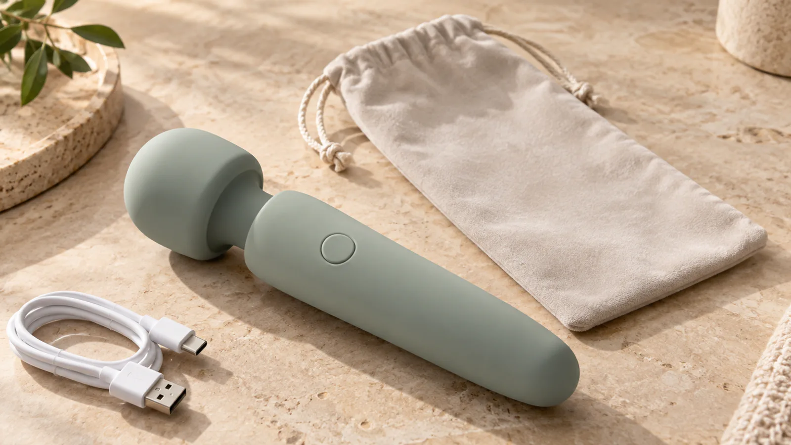 Close editorial view of an unbranded wand-style wellness device with its plain pouch and charging cable.