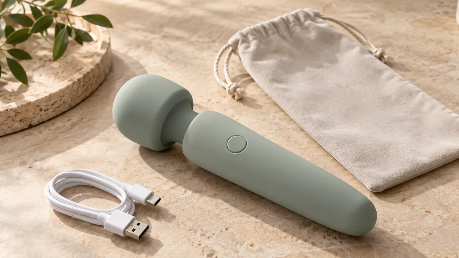 Unbranded wand-style personal-wellness device with pouch and USB cable.