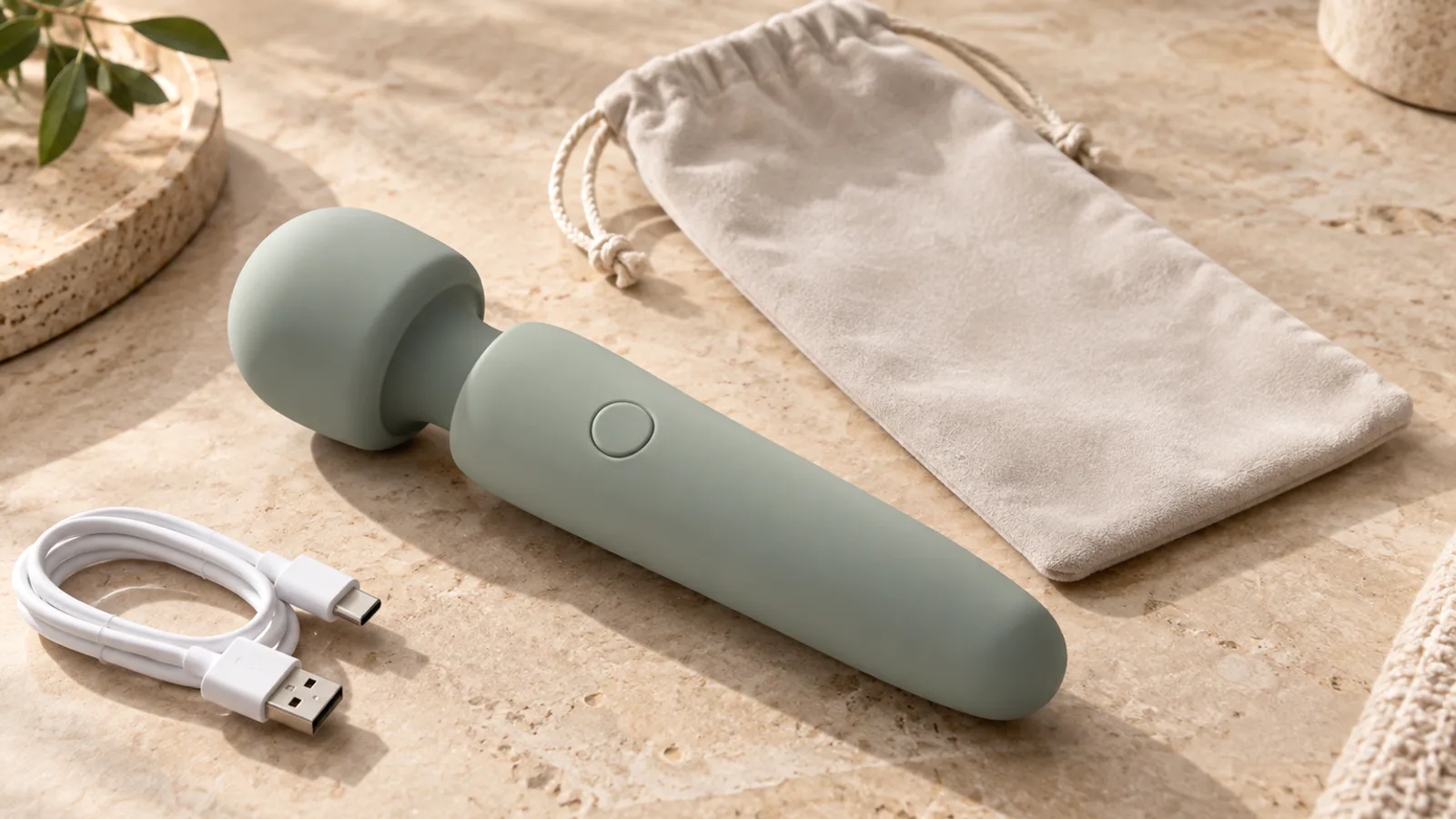 Unbranded wand-style wellness device with pouch and charging cable.