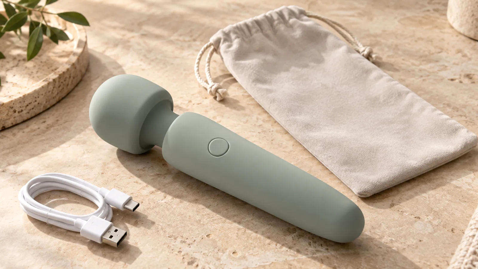 Unbranded wand-style wellness device beside a pouch and charging cable.