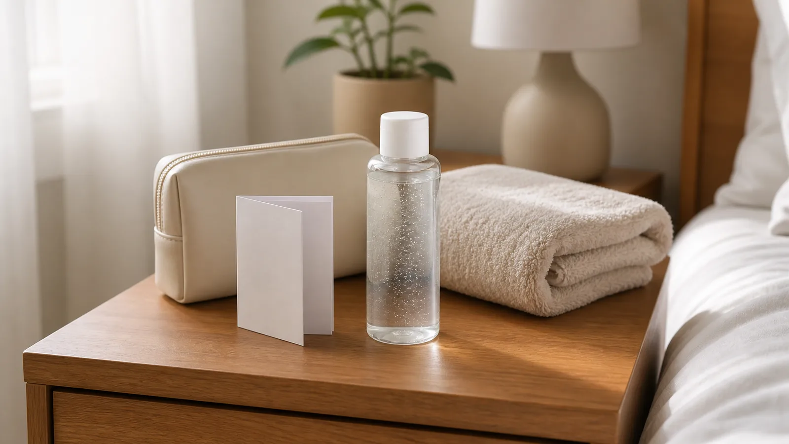 An unbranded water-based lubricant bottle with a plain instruction leaflet and storage pouch on a tidy bedside cabinet.