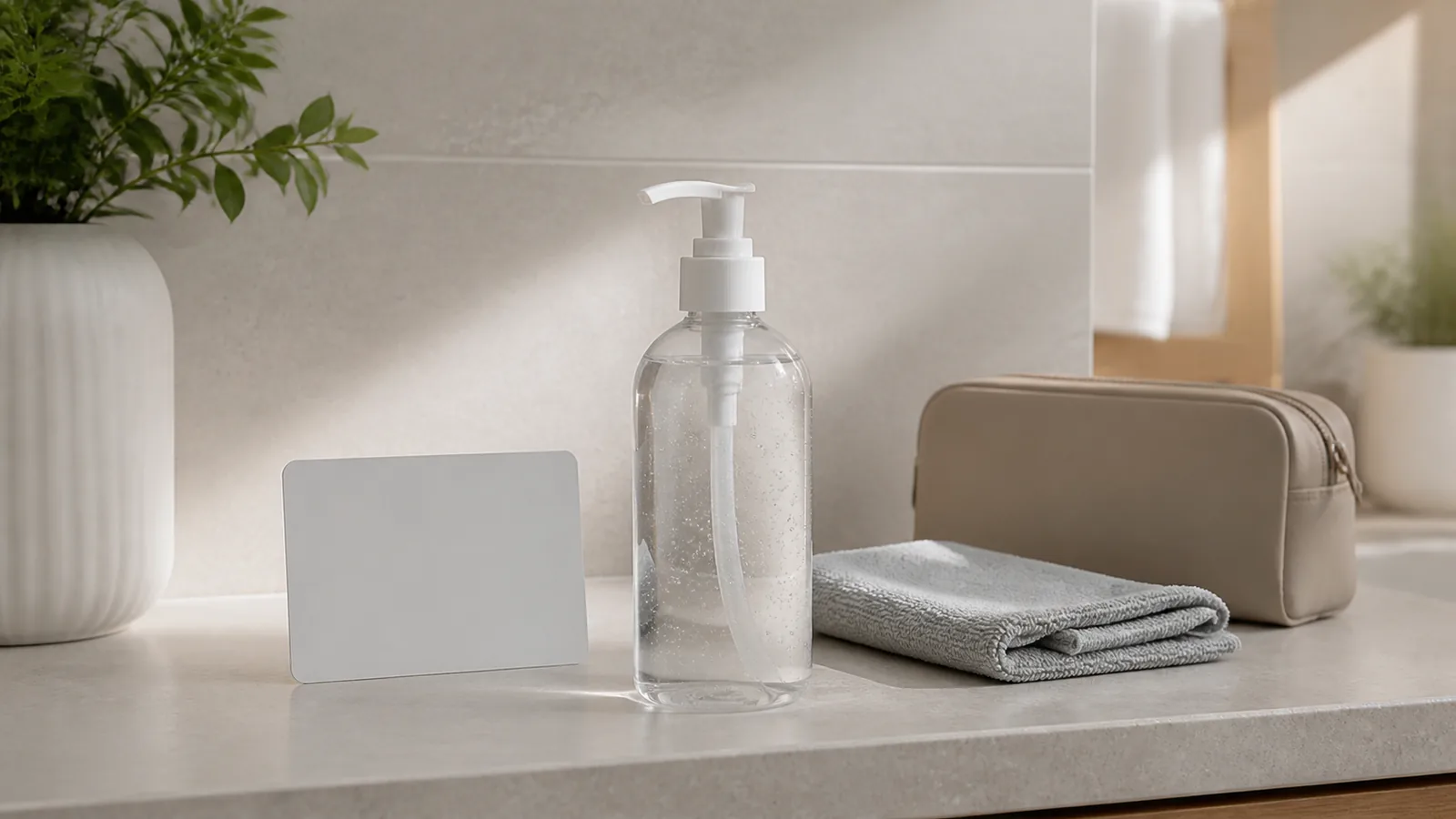 An unbranded clear water-based lubricant pump bottle, microfiber cloth, blank care card and closed pouch on a clean warm neutral bathroom shelf.