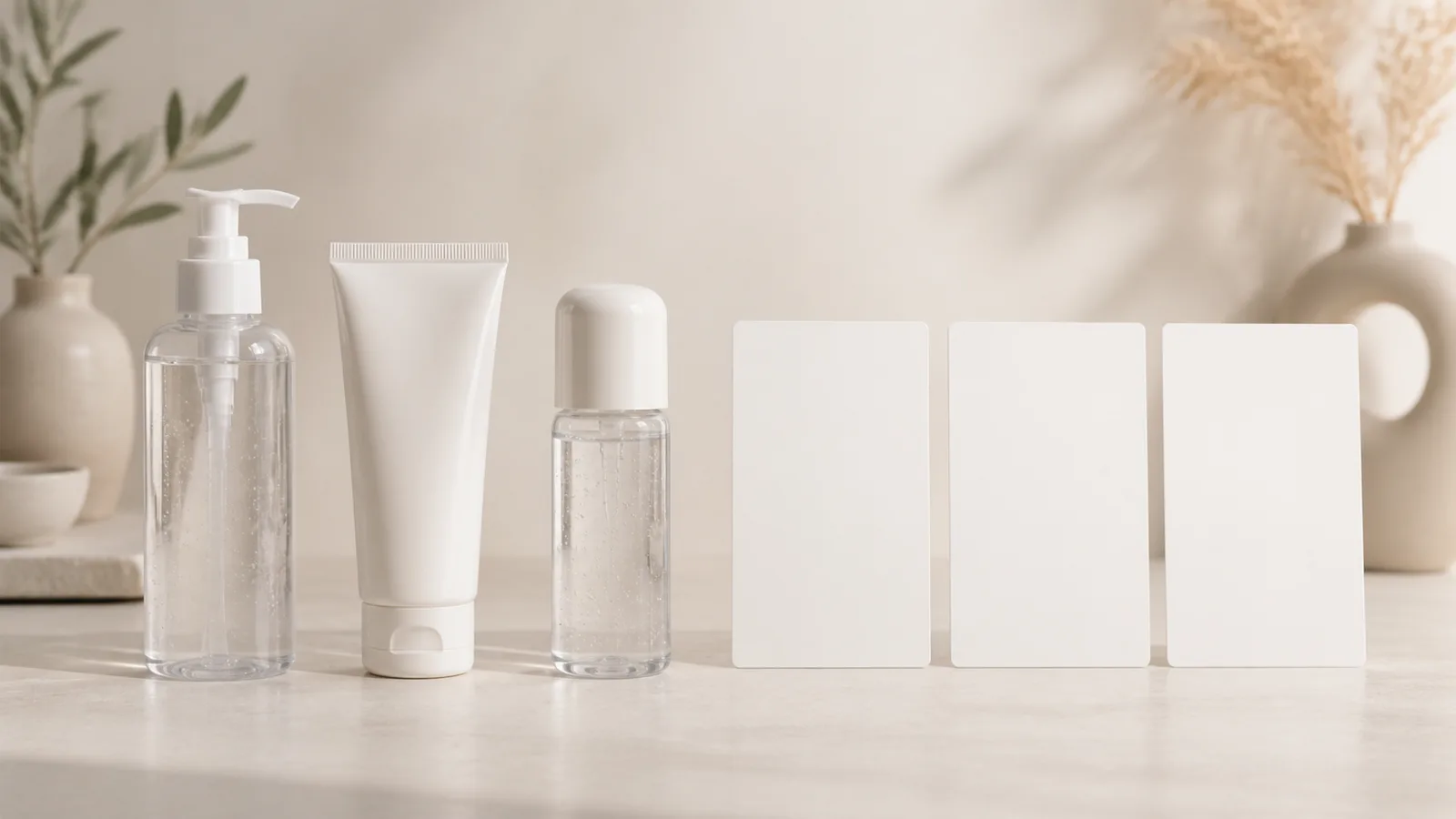 Three unbranded water-based lubricant packages in pump, tube, and cap formats arranged beside blank comparison cards.