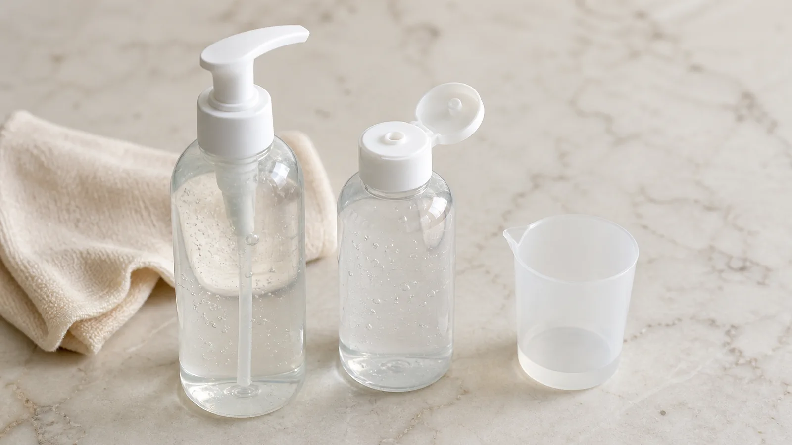 Two unbranded water-based lubricant bottles with pump and flip-top caps arranged for a practical feature comparison.