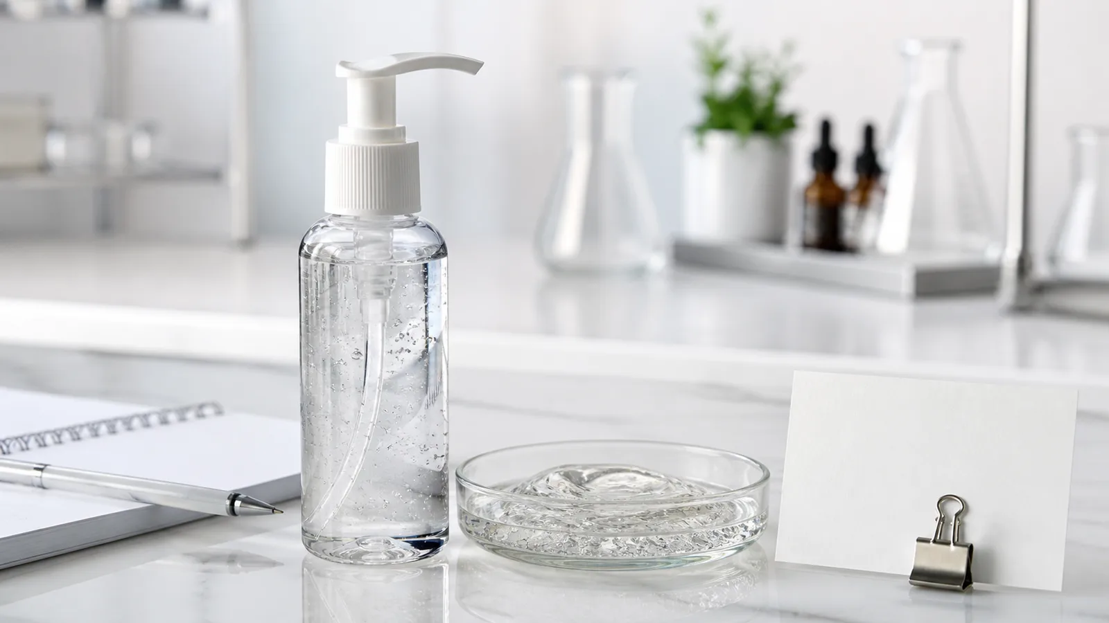 An unbranded water-based lubricant bottle beside a clear gel sample, blank ingredient card, and plain pump cap on a clean countertop.