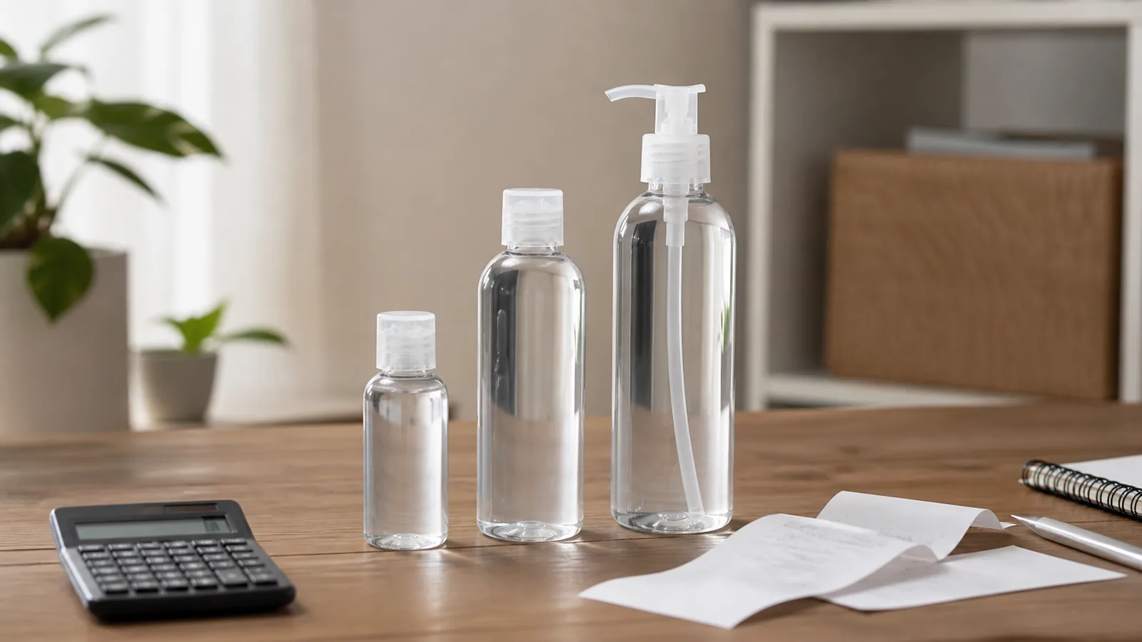 Three unbranded water-based lubricant package sizes with blank receipts and a simple calculator for a value comparison.