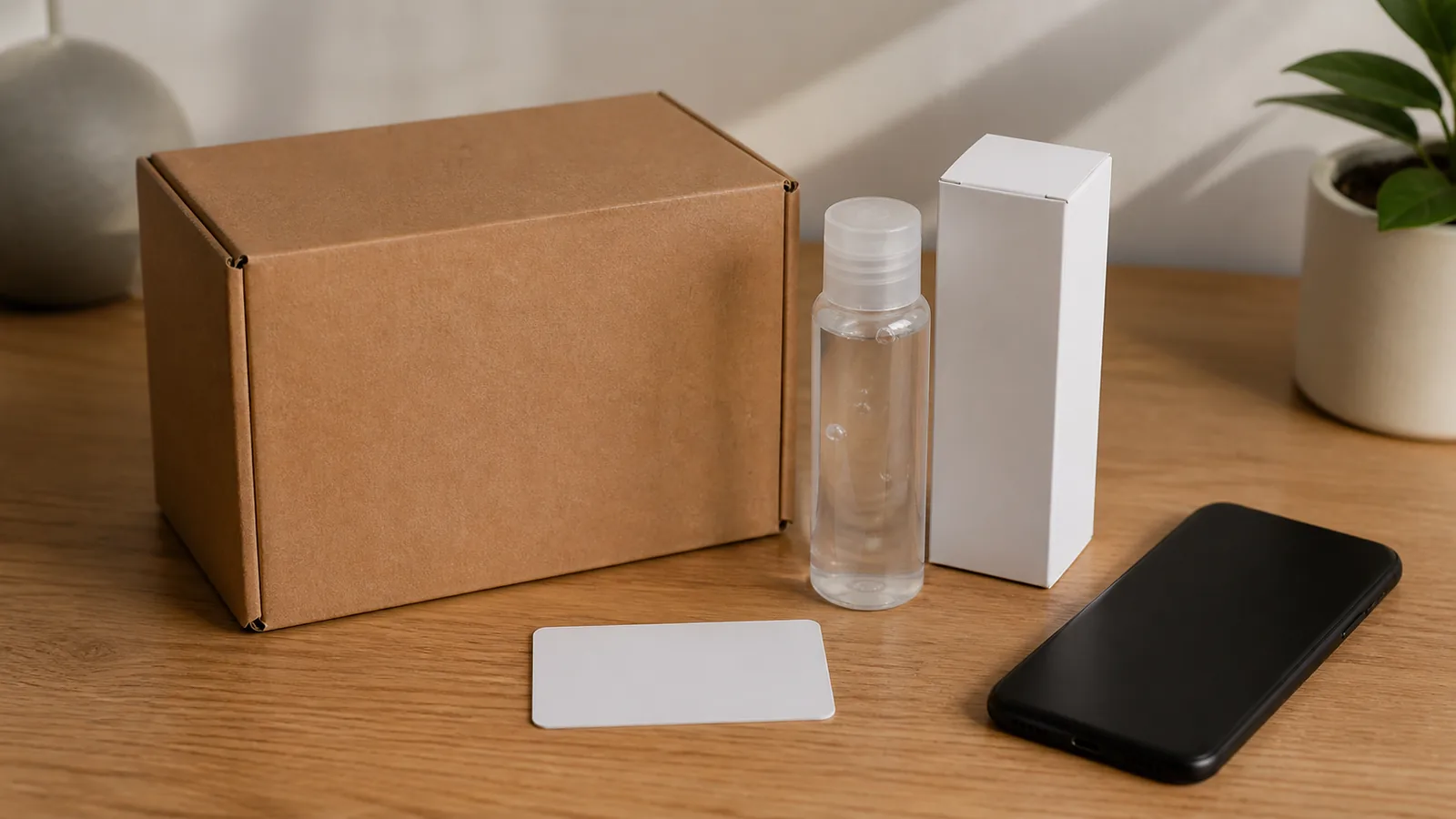 Plain unmarked shipping parcel and generic unbranded clear lubricant bottle beside unopened discreet carton, face-down phone and blank privacy card on a warm neutral desk.