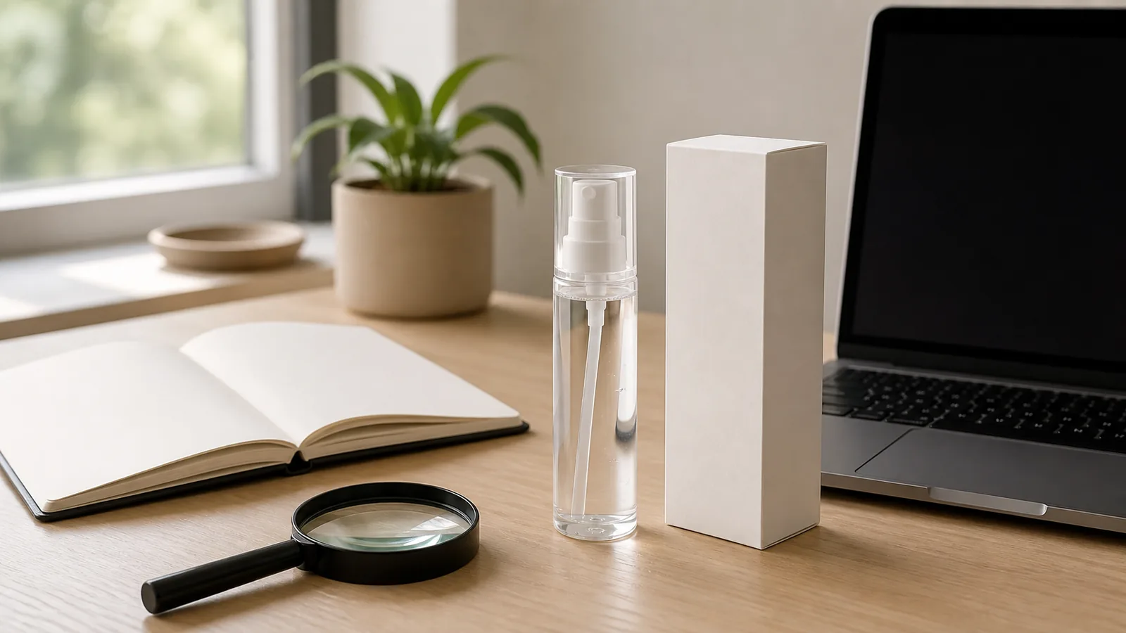 Generic unbranded clear lubricant bottle, plain product box, magnifying glass, notebook with blank pages and generic laptop with no readable content on a clean neutral desk.