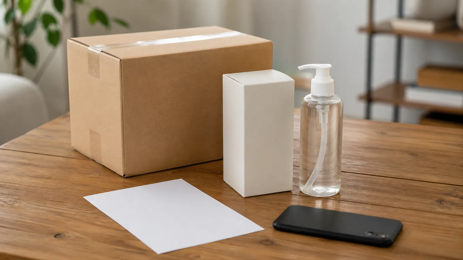 Plain unmarked shipping carton, unopened generic product box, sealed clear pump bottle, blank packing slip and face-down phone on a warm neutral packing table.