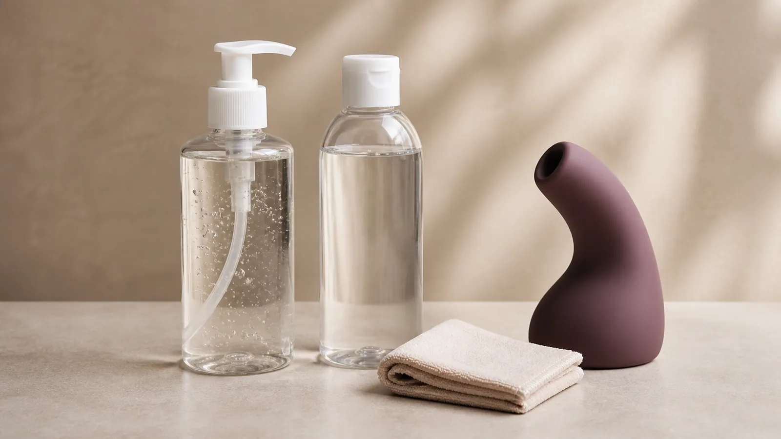 Two distinctly shaped generic unbranded clear lubricant bottles, one pump and one flip-top, beside a plain silicone material swatch and care cloth on an elegant neutral studio tabletop.