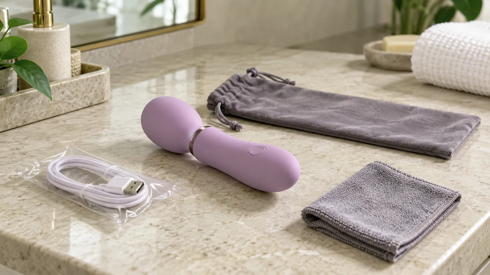 An unbranded rechargeable personal-wellness device with a sealed charging cable, dry cloth, and storage pouch on a neutral counter.