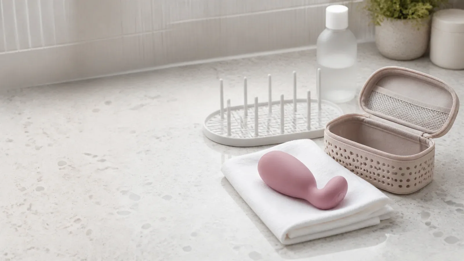 Unbranded consumer-wellness product-care accessories arranged for a documented inspection and storage check.