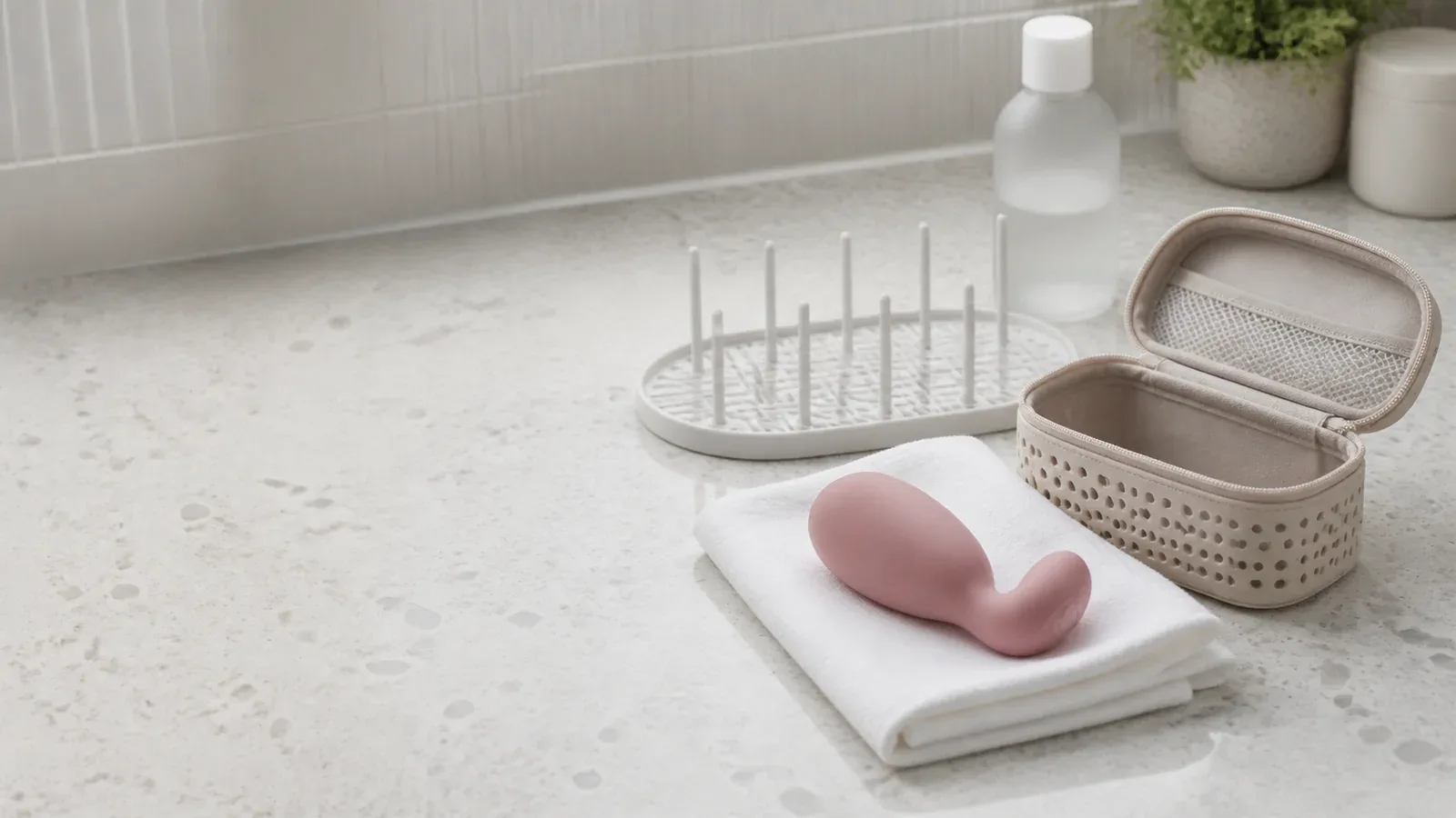 Unbranded consumer-wellness product-care accessories arranged for a documented inspection and storage check.