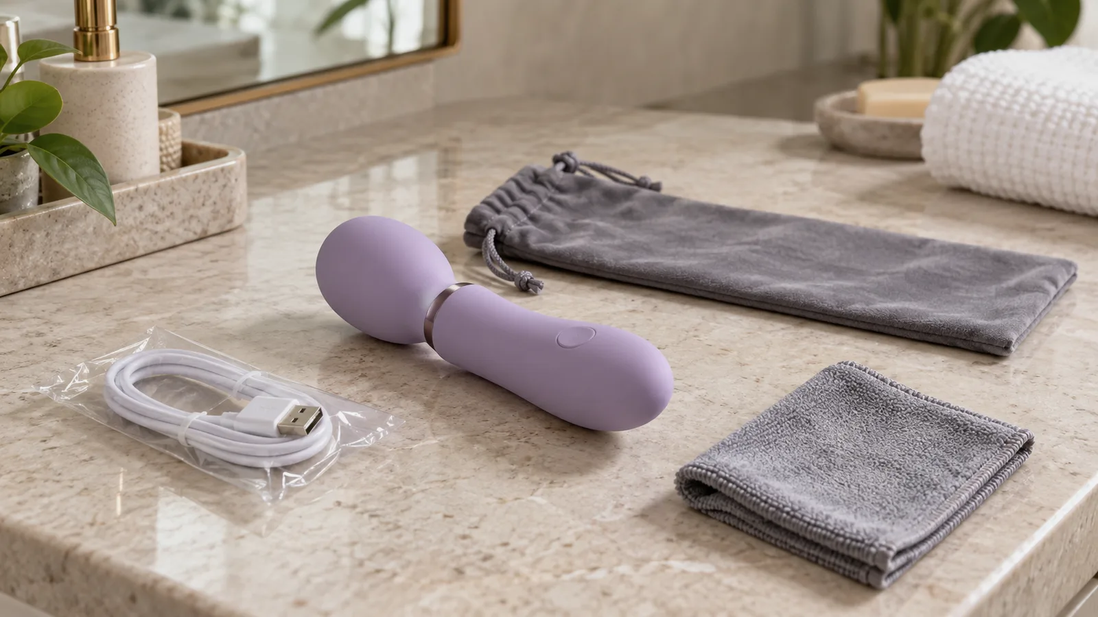 An unbranded rechargeable personal-wellness device with a sealed charging cable, dry cloth, and storage pouch on a neutral counter.