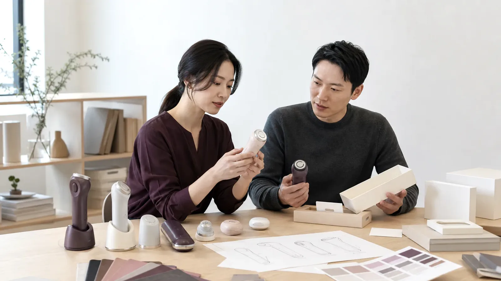 Unbranded wearable personal-wellness device with practical care and storage accessories on a neutral product table.