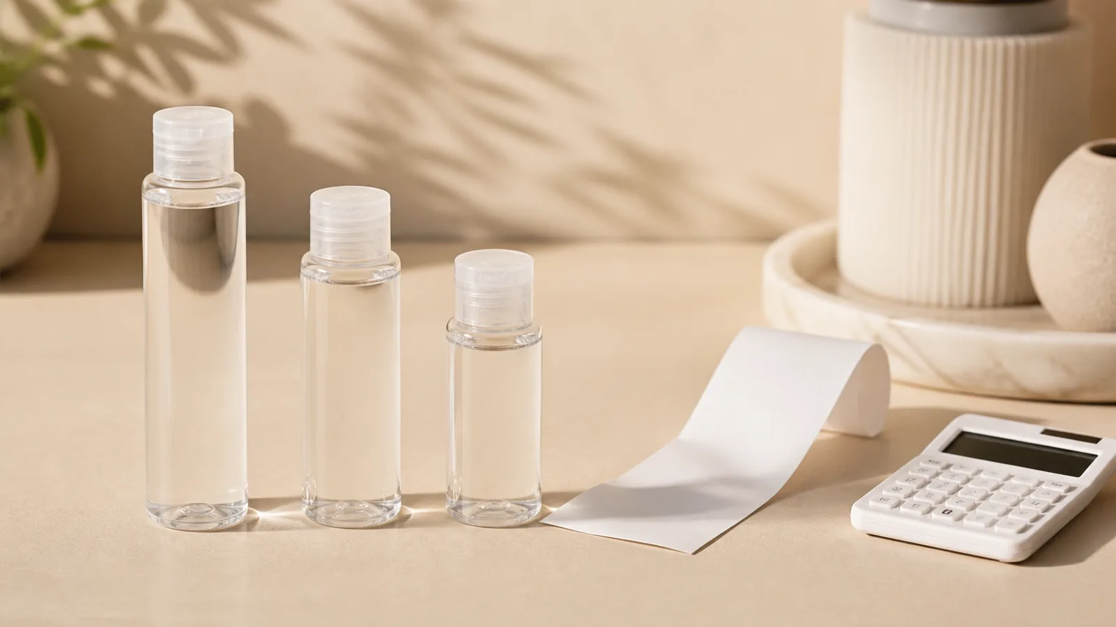 Three different-size unbranded personal lubricant bottles beside a blank receipt and calculator.