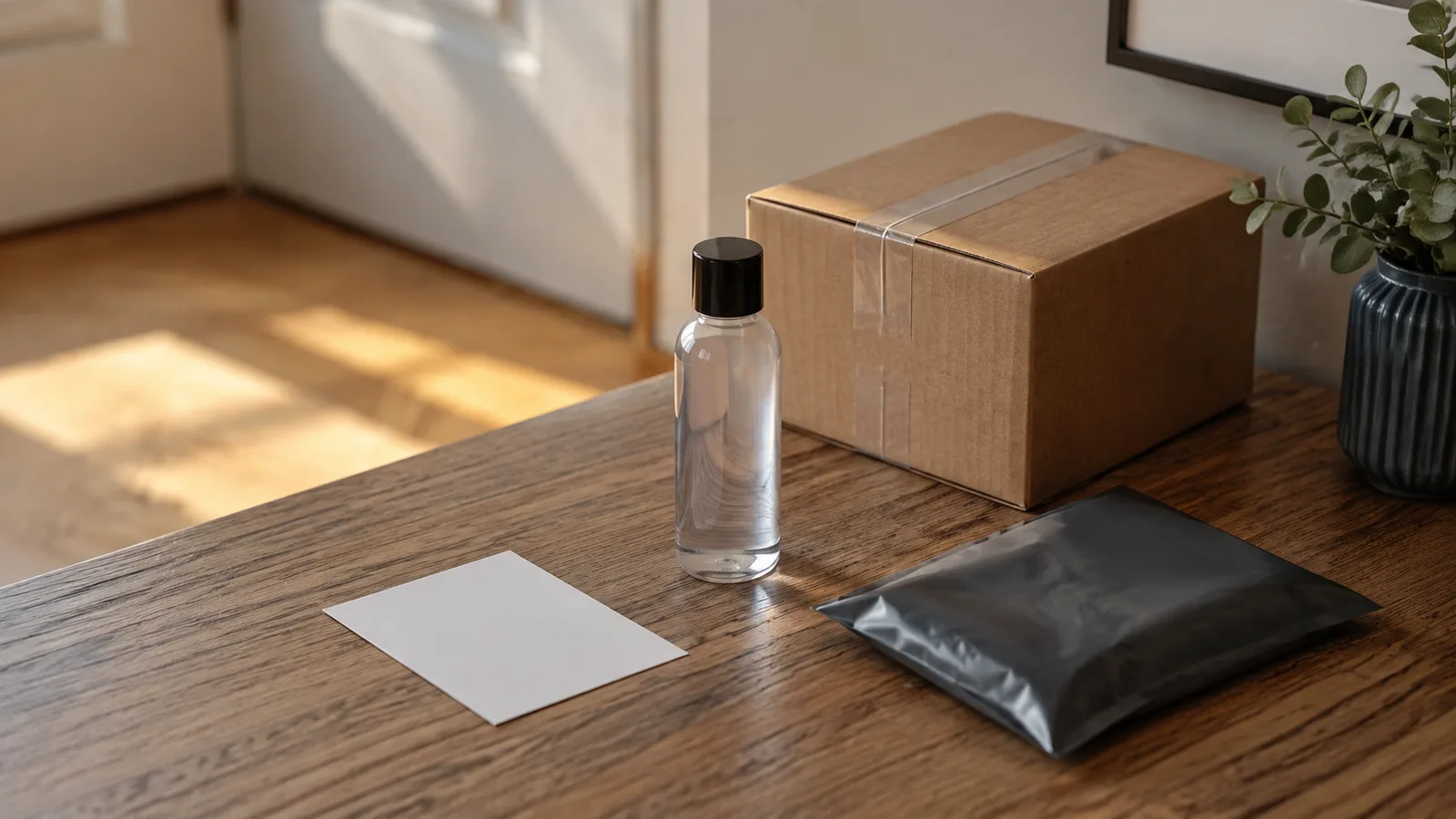 An unbranded personal lubricant bottle, plain delivery parcel, blank card, and closed privacy pouch on a home table.