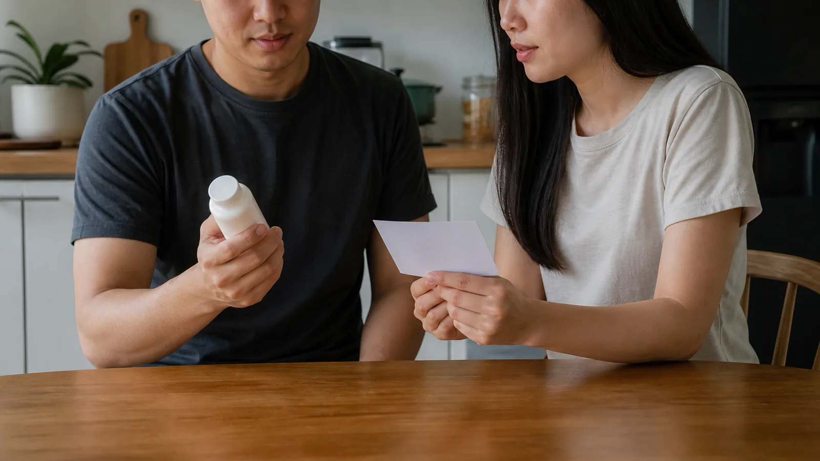 Two fully clothed Asian adults reviewing an unbranded personal lubricant bottle and blank information card.