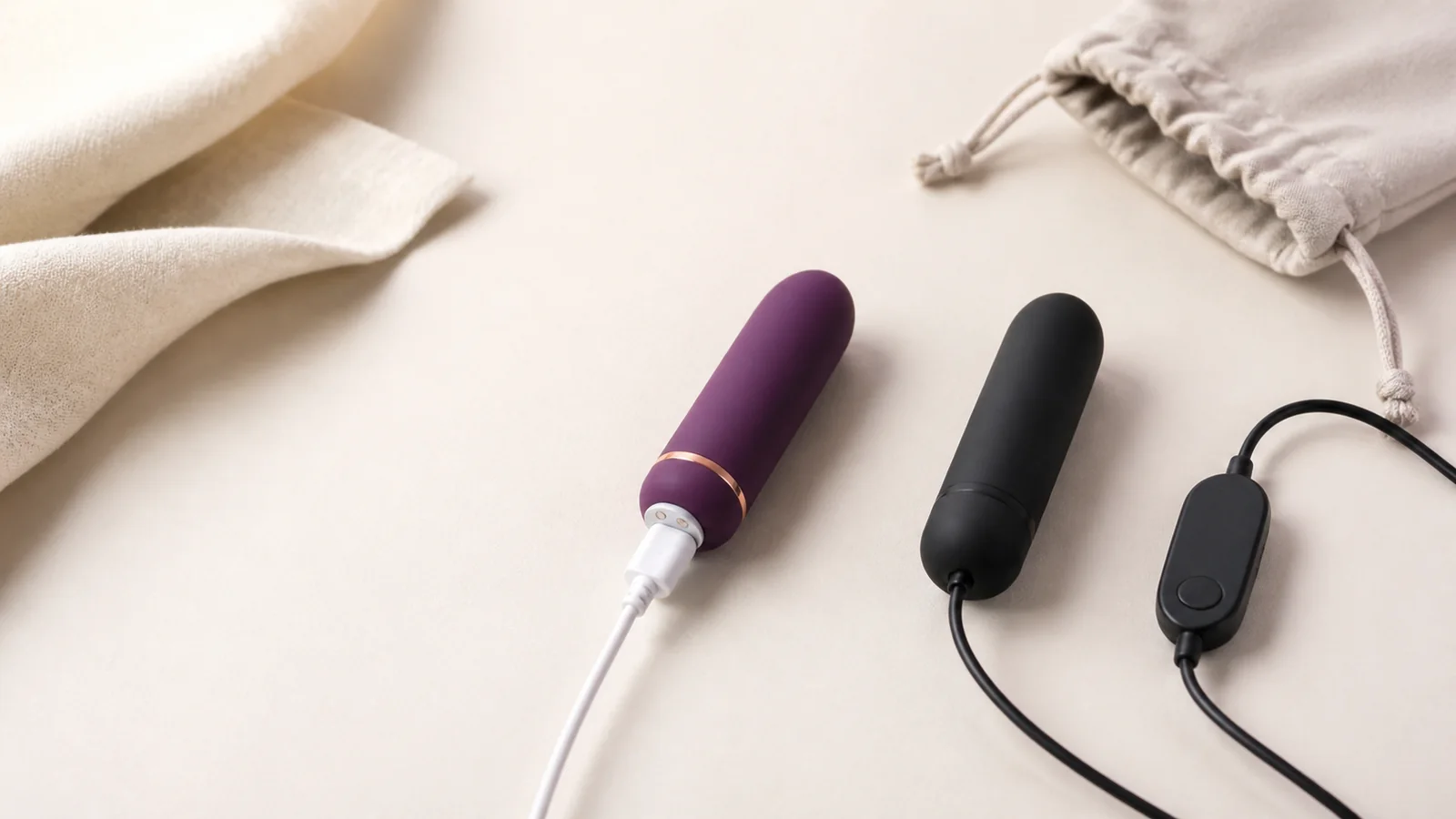 A rechargeable wireless bullet vibrator beside a wired bullet-style device and control lead.